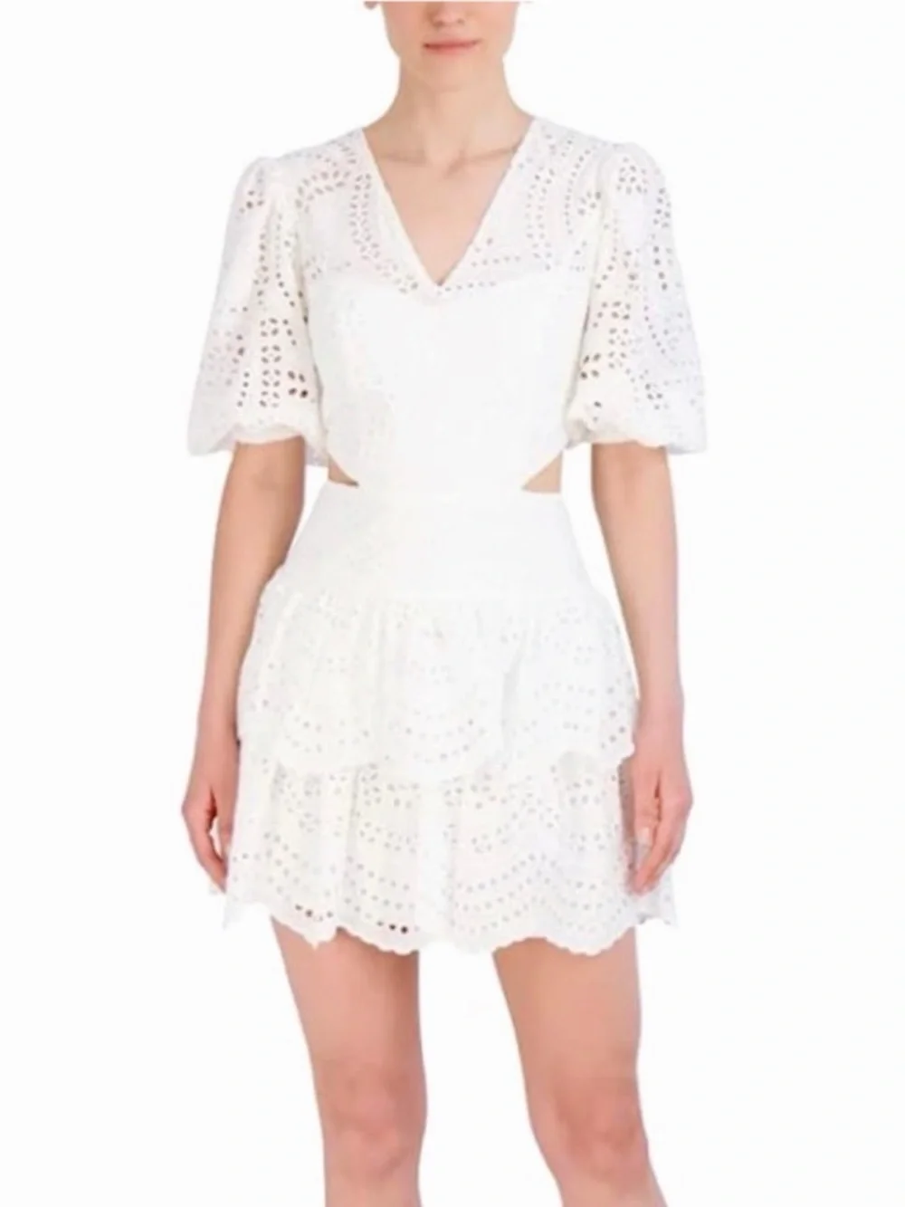 BCBGMaxAzria White Eyelet Puff Sleeve Cut Out Tiered Mini Dress! 🐚 - Picture 8 of 17